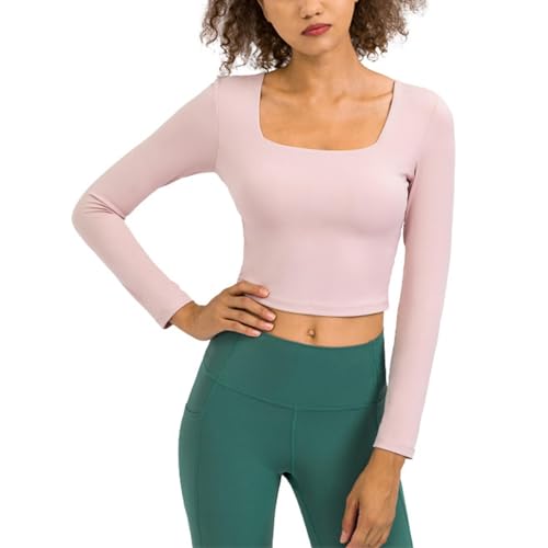 jdstty Langärmliges Schmal Geschnittenes Crop Top Mit Quadratischem Ausschnitt Für Damen Workout Fitnessstudio Doppelt Gefüttertes T Shirt von jdstty