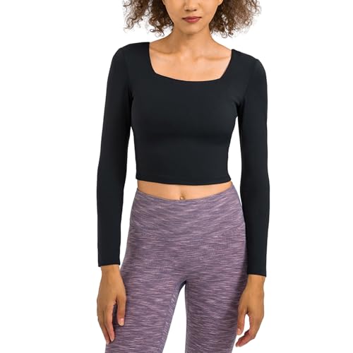 jdstty Langärmliges Schmal Geschnittenes Crop Top Mit Quadratischem Ausschnitt Für Damen Workout Fitnessstudio Doppelt Gefüttertes T Shirt von jdstty