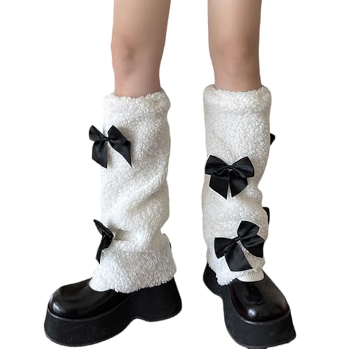 jdstty Stylische Damen Beinwärmer Aus Flauschiger Lammwolle Mit Süßen Doppelschleifen Und Pelzigen Stiefelüberzügen Für Winteroutfit von jdstty