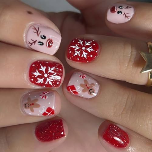 jdstty Weihnachts Vollhüllen Zum Aufkleben Der Nägel Rentier Zum Aufdrücken Der Nägel Kurze Quadratische Falsche Nägel Lebkuchenmann Künstliche Nägel von jdstty