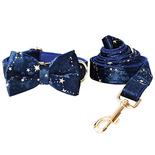Hundehalsband und Leine, Samt, Set für Weihnachten, goldfarbene Glitzersterne, individueller Ausweis, Haustierhalsband mit Fliege, Festival, Welpengeschenk (Größe S) von jehdfbvssjcbcsvfd