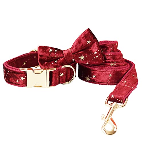 Personalisiertes Hundehalsband, Weihnachtsmotiv, rote Samt-Fliege, Haustierhalsband und Leine, Set mit goldenen Sternen, Festival-Hund (Farbe: A, Größe: S) von jehdfbvssjcbcsvfd