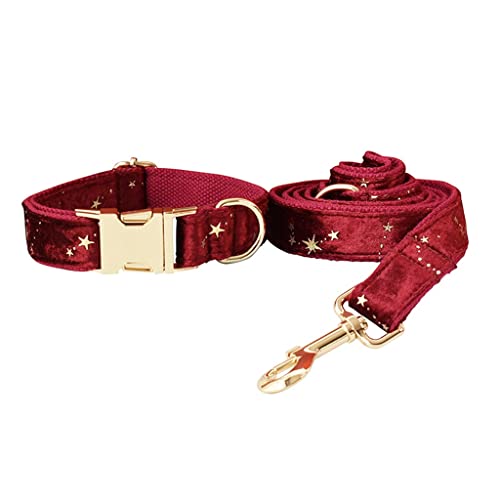 Personalisiertes Hundehalsband, Weihnachtsmotiv, rote Samt-Fliege, Haustierhalsband und Leine, Set mit goldenen Sternen, Festival-Hund (Farbe: B, Größe: M) von jehdfbvssjcbcsvfd