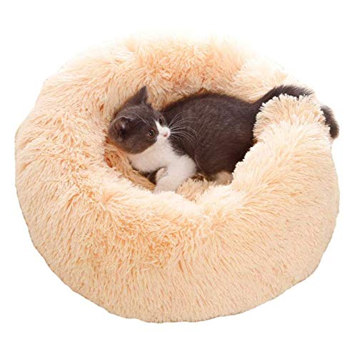 Plüsch-Katzenbett für kleine, mittelgroße Hunde und Haustiere, rund, flauschiger Donut-Kuscheltier, verbesserter Schlaf, rutschfeste Unterseite, maschinenwaschbar, Schwarz, 70 cm (Beige, 70 cm) von jehdfbvssjcbcsvfd