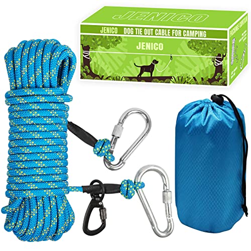 Hunde-Spannkabel für Camping, 15,2 m/21,3 m/30,5 m, tragbares, reflektierendes Überkopf-Trolley-System für Hunde bis zu 136 kg – Hundeleine für Hof, Camping, Parks, Veranstaltungen im Freien, Blau von jenico