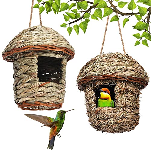 2 Stück Kolibri-Vogelhäuser zum Aufhängen im Freien, Gras, handgewebte Vogelhäuser, Kolibri-Nest für draußen, Finkenzaun-Vogelhütte von jileijar