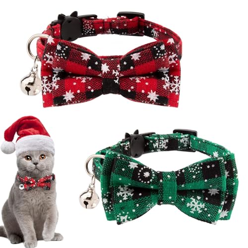 2 x Weihnachts-Katzenhalsband mit Glöckchen und Fliege, verstellbar, Schnellverschluss, Katzenhalsband, niedliches Weihnachtsmotiv, Kätzchenhalsband für Kätzchen, Welpen, Haustierbedarf, Zubehör (C) von jiuhao