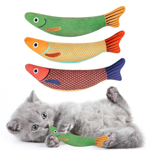 Katzenminze-Fischspielzeug für Katzen, interaktives Plüschspielzeug für den Innenbereich, mit Glocke, Kratz-, Kau-, Zähne-, Schleifkissen, Reinigung, Kick, Bissfest, für Kätzchenspielzeug, 3 Stück von jiuhao