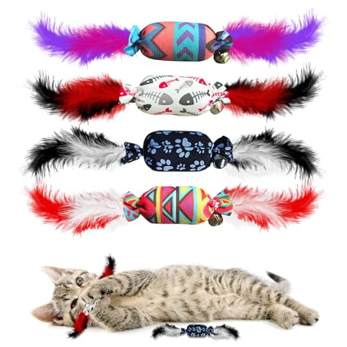 jiuhao Süßigkeiten-Federglocken-Katzenspielzeug, Innen-Katzenspielzeug, 4er-Pack mit Federn, Jingle Toy, Kätzchen, Kick, Beißen, Kauen, interaktives Langeweile Spielzeug von jiuhao
