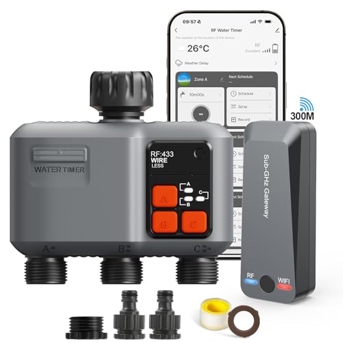 johgee Bewässerungscomputer WLAN 3 Ausgänge mit 300M RF-Technologie, Bewässerungsuhr für Gartenbewässerung Kompatibel mit Alexa & Smart Life App, Automatischem Bewässerungssystem für Garten Rasen von johgee