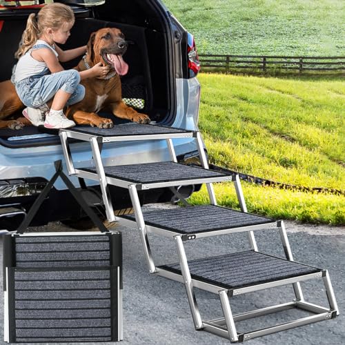 Extra breite 50,8 cm faltbare Hunderampe für große Hunde, tragbare Aluminium-Haustierrampe mit rutschfester Teppichoberfläche, leichte Hundetreppe für M und L Hunde bis zu 113 kg, 4 Schritte in ein Extra breite 50,8 cm faltbare Hunderampe für große Hunde, tragbare Aluminium-Haustierrampe mit rutschfester Teppichoberfläche, leichte Hundetreppe für M und L Hunde bis zu 113 kg, 4 Schritte in ein von joyrally