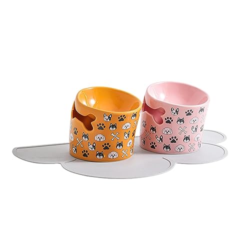 joyxiwa Keramik-Becken für Katzen und Hunde, Anti-Umkipp-Schutz für Halswirbel, Haustierprodukte, schräge Mundschale, gelb+rosa+grau, rutschfeste Matte von joyxiwa