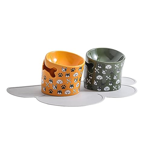 joyxiwa Keramik Katze und Hund Essen Becken, Anti-Umkipp-Schutz für Halswirbel, Haustierprodukte, schräge Mund-Schüssel-gelb+grün+grau rutschfeste Essmatte von joyxiwa