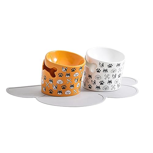 joyxiwa Keramik Katze und Hund Essen Becken, Anti-Umkipp-Schutz für Halswirbel, Haustierprodukte, schräge Mund-Schüssel-gelb+weiß+grau-rutschfeste Essmatte von joyxiwa
