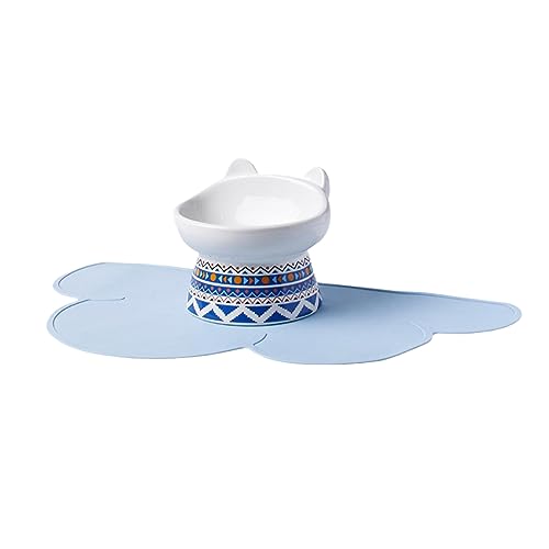 joyxiwa Keramik-Katzennapf zum Schutz der Halswirbel vor Umkippen, hoher Fuß geneigter Mund Haustierfutter-Becken, 1 blaue diagonale Öffnung + Silikon-Pad von joyxiwa