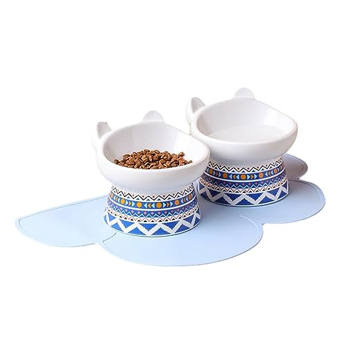 joyxiwa Keramik-Katzennapf zum Schutz der Halswirbel vor Umkippen, hoher Fuß geneigter Öffnung, Haustierfutter-Becken, 2 blaue abgeschrägte Anschlüsse mit blauen Pads von joyxiwa