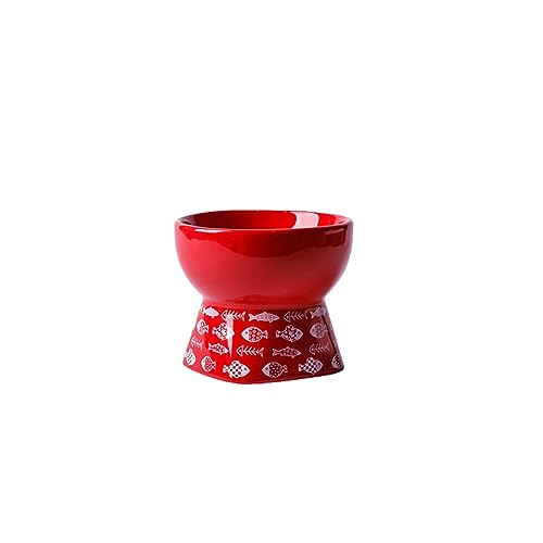 joyxiwa Keramik-Katzennapf zum Schutz der Halswirbelsäule und zum Verhindern des Umkippens von Haustierprodukten, schrägem Mund, festlich, hoher Fuß, Katzenfutter, Rot, flacher Mund + Anti-Rutsch-Pad von joyxiwa