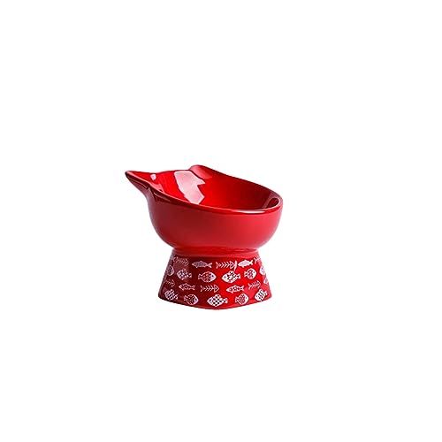 joyxiwa Keramik-Katzennapf zum Schutz der Halswirbelsäule und zum Verhindern des Umkippens von Haustierprodukten, schrägem Mund, festlich, hoher Fuß, Katzenfutter, rote Katzenohren von joyxiwa