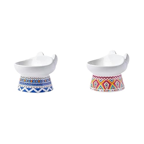 joyxiwa Keramik-Katzenschüssel zum Schutz der Halswirbel vor Umkippen, hoher Fuß geneigter Mund Haustierfutter-Becken-blaue schräge Schüssel+Farbkastenverpackung von joyxiwa