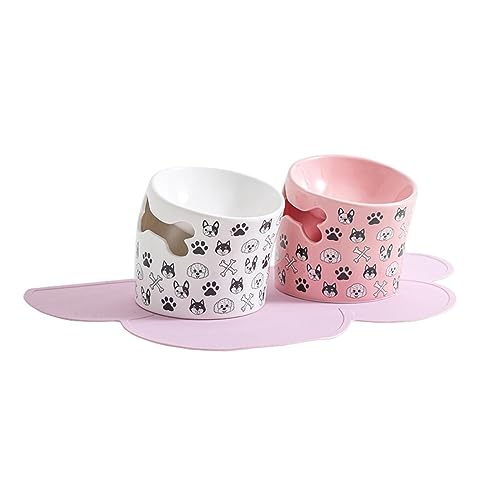 joyxiwa Keramikbecken für Katzen und Hunde, Anti-Umkipp-Schutz für Halswirbelsäule, Haustierprodukte, schräge Mundschale, rosa+weiß+rosa rutschfeste Matte von joyxiwa