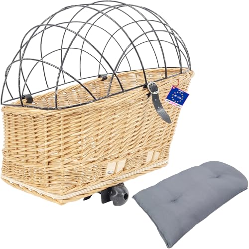 Fahrradkorb aus Weide für Hunde und Katzen bis 8 kg 47x44x24 cm - handgeflochtener Kofferraumwanne, mit Metallschutzgitter, weiches Kissen, braun Fahrradkorb aus Weide für Hunde und Katzen bis 8 kg 47x44x24 cm - handgeflochtener Kofferraumwanne, mit Metallschutzgitter, weiches Kissen, braun von kadamahu