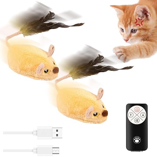 kailisi Elektrische Spielmaus für Katzen, 2025 Neu Mäuse Katzenspielzeug Ferngesteuert, Interaktives Spielzeug Maus mit LED-Licht Realistischen Geräuschen USB-Aufladung für Katzen (Gelb,2Pcs) von kailisi