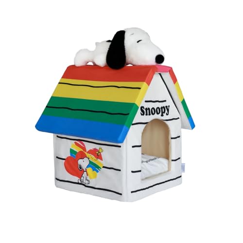 Kashima Snoopy Haustierhaus für kleine Hunde & Katzen - Offizielles Peanuts Indoor Hundebett mit abnehmbarem Kissen und Plüschtier, überzogene Haustierhöhle - Regenbogendach von kashima