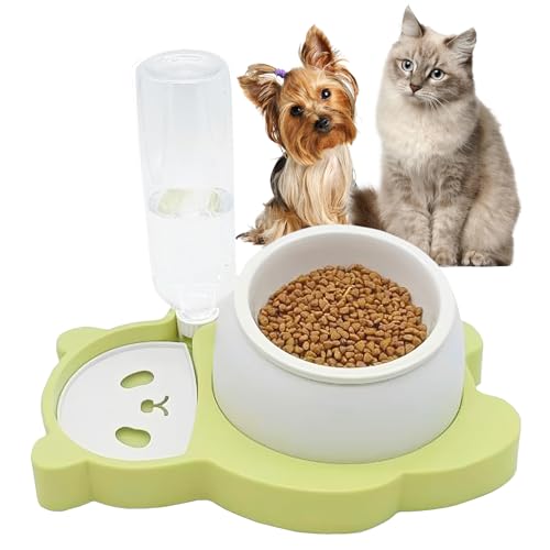 kathson Erhöhter Doppelnapf für Hunde und Katzen, Wasser- und Futternapf, geneigt, erhöhtes Keramik-Katzenbecken mit auslaufsicherem automatischem Wasserspender-Flasche, 5-in-1-Funktion, Schüssel für von kathson