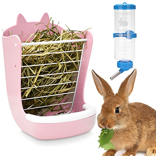kathson 2-in-1 Kaninchen-Heu-Futterspender mit Hasen-Wasserflaschenspender für den Innenbereich, Heu-Futterschalen für Kaninchen, Meerschweinchen, Chinchilla, Futterschalen für Gras und Futter (Pink) von kathson