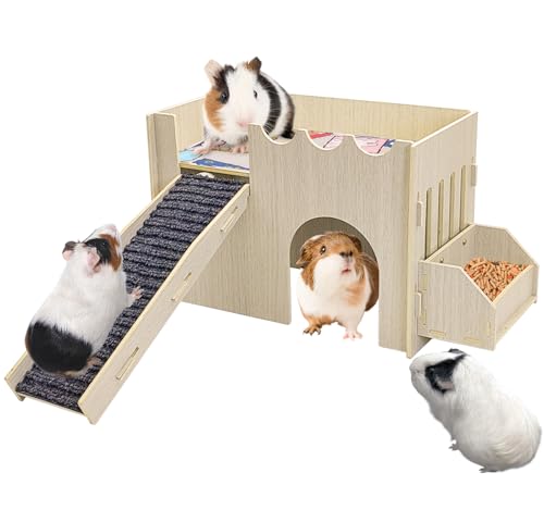 kathson Meerschweinchenversteck aus Holz, stabiles zweilagiges Meerschweinchenhaus, einfach zu montieren, Kleintierversteck mit Matte, Rampe und Futternapf, für Hamster, Hasen, Igel, Mäuse von kathson