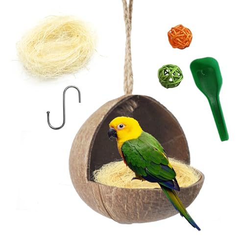 kathson Natürliches Kokosnuss-Vogelnest, hängendes Sittich, Kokosnusshütte, Kokosnussschale, Vogelhaus mit Schnabel, Spielzeug, Käfigzubehör für Papageien, Sittiche, Finken, Kanarienvögel von kathson
