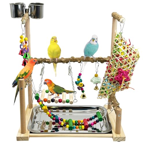 kathson Papageien-Spielständer für Sittiche, Spielplatz, Vogel, Dschungel, Fitnessstudio, Holz, Spielständer, Hängendes Kauspielzeug mit Futterschalen und Schaukeln, Vogelkäfig-Zubehör für von kathson