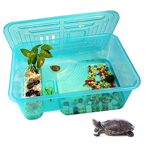 kathson Turtle Tank Aquarium, Turtle Habitat Reptilien-Kunststoff-Terrarium, sicher, langlebig, Schildkröten-Tank mit Deckel, verhindert, dass Schildkröte klettern und entkommen (Medium) von kathson