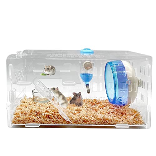 kathson Zwerghamsterkäfig Transparent Hamster Käfige und Lebensräume Rennmäuse Acryl Käfig Niedlich Mini Haustier Lebensraum mit Zubehör Laufrad Wasserflasche Futternapf für Kleintiere Blau von kathson