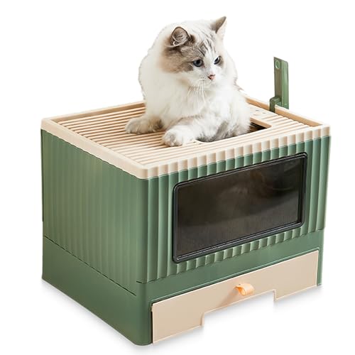 Kattypet Vollständig geschlossene Katzentoilette mit Deckel, faltbare, extra große Katzentoilette, beige und grün, Schubladentyp Katzentoilette mit Kunststoffschaufel, geeignet für Katzen unter 9 kg von kattypet