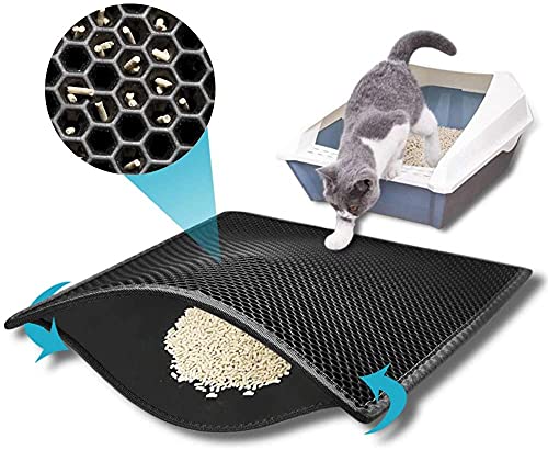 kaxionage Katzenklo Matte, 61 x 38 cm Katzenmatte, Waben Doppelschicht Design,Wasserdichtes Urinbeständiges Material, Easy Clean Streukontrolle (Schwarz, Size ：61 x 38 cm) von kaxionage