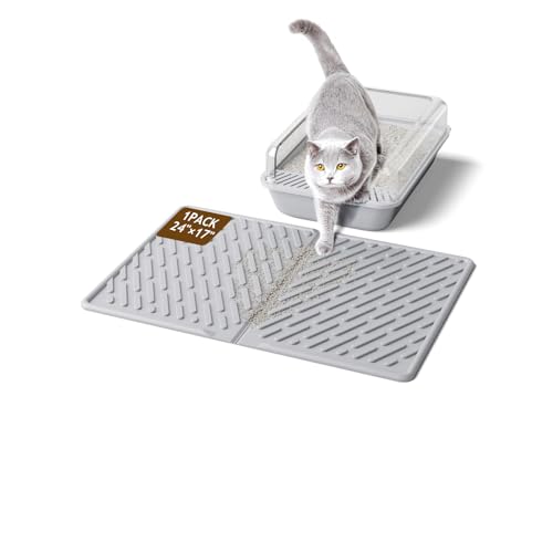 kaxionage Katzenstreumatte mit Rillen und erhöhtem Rand, urinfest/wasserdicht, Streukontrolle, leicht zu reinigen (61 x 43,2 cm, Grau-1) von kaxionage