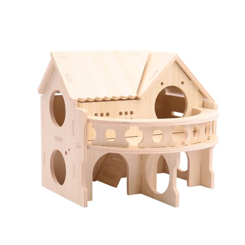 Kleines & niedliches Hamsterhaus aus Holz mit großem Balkon - Doppeldecker Waldhütte für Zwerghamster, Mäuse, Rennmäuse, Ratten & kleine Haustiere (nur kompakte Größe) von kcrygogo