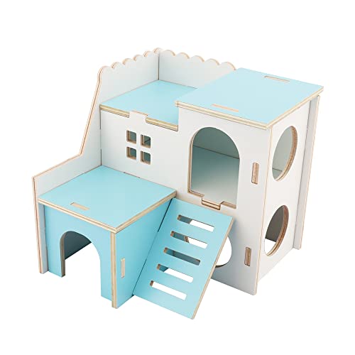 kcrygogo Kleines Hamster-Labyrinthaus aus Holz, lustiges Rutschenhaus, Doppeldecker-Hütte für Zwerg, Rennmäuse, Mäuse, Ratten, Kleintiere (blau) von kcrygogo