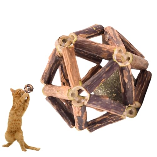 kdkskss Spielzeug Mit Katzenminze, Rollbälle Aus Natürlichem Holz Mit Glöckchen – Zahnreinigung, Zahnen, Interaktives Katzenspielzeug Für Indoor-Aktivitäten Und Jagdtraining (Polygonum Groß) von kdkskss