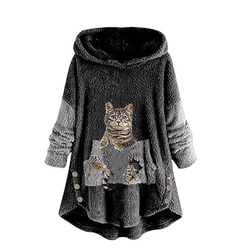 keephenDE Katze Hund Bedruckte Pullover für Frauen Flauschige Katzenohr Hoodies Kapuzenpullover Pullover Fleece gefütterte Oberbekleidung Damen Winter Fleece Kleidung von keephenDE