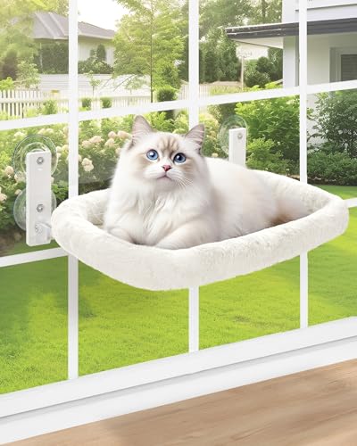 keny Katzen-Fenstersitzstange, schnurlose Katzenfensterhängematte mit gemütlichem Kissenbett, solider Metallrahmen, Katzenfensterbett mit 4 Saugnäpfen, Weiß von keny