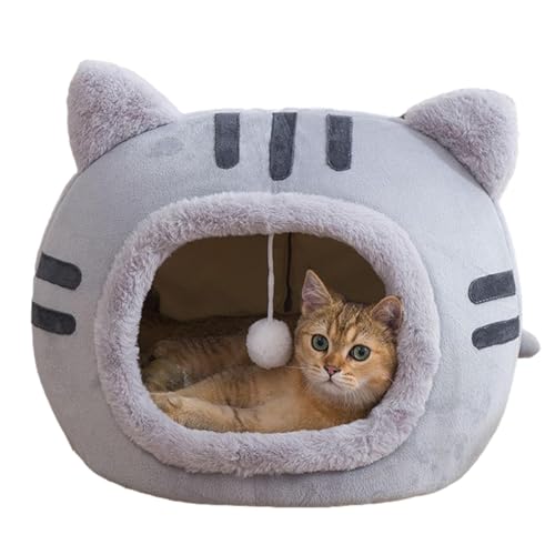 kinrguiyuez Überdachtes Katzenbett, Abnehmbare Höhle aus weichem Kristallvlies mit Plüschspielzeug zum Aufhängen, Tragbarer, gemütlicher -Zwinger für das Schlafen im Innenbereich im Herbst und Winter von kinrguiyuez