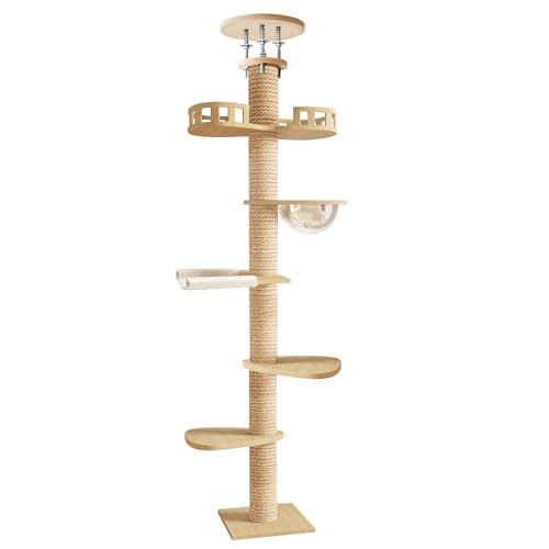 kiskick Kratzbaum, vom Boden bis zur Decke, 6-stufig höhenverstellbar, Katzenturm mit Kratzbaum, Katzenkletterturm mit gemütlicher Hängematte, Plattformen und baumelnden Bällen für Indoor-Katzen, 1 von kiskick