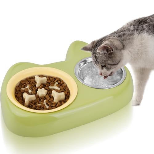 kissral Katzennapf Katzennäpfe 2er Set, Futternapf Katze mit Slow Feeder und Edelstahl Napf, Anti Schling Napf Katze Erhöht mit Rutschfesten Füßen, Doppelter Fressnapf für Katzen und Kleine Hunde von kissral