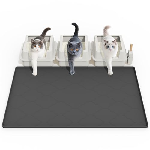 Katzentoilettenmatte, 96,5 x 66 cm, große Silikon-Katzentoilettenfangmatte, leicht zu reinigen zur Streukontrolle, weich zu den Katzenpfoten, wasserdicht, urinfest, rutschfest, für den Boden, Schwarz von kixcvdm