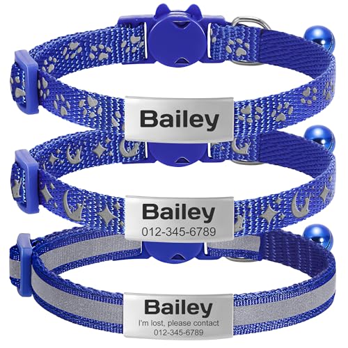 kodinsiivous 3 Pack Katzenhalsband mit Namensschild und Glocke, Personalisierte Reflektierendes Katze Halsband mit Sicherem Schnellverschluss,Haustierhalsband für Mädchen & Jungen(Blau) von kodinsiivous