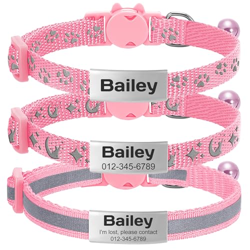 kodinsiivous 3 Pack Katzenhalsband mit Namensschild und Glocke, Personalisierte Reflektierendes Katze Halsband mit Sicherem Schnellverschluss,Haustierhalsband für Mädchen & Jungen(Rosa) von kodinsiivous