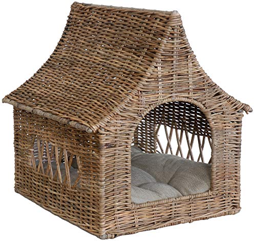 Katzen-Haus/Hunde-Bett aus echtem Rattan Hundekorb mit Dach, Korb inklusive Polster von korb.outlet