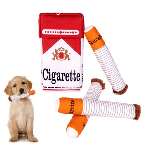 Korsaot Hunde Zigaretten Spielzeug – 3 Hundespielzeuge Zigarette mit Quietscher & 1 Zigarettenpackung – Lustiges Plüschspielzeug für Hunde & Welpen von Korsaot